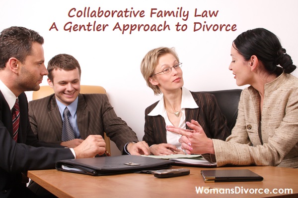 Four people sitting at table negotiating a divorce settlement