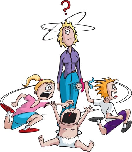 Cartoon mom surrounded by misbehaving children